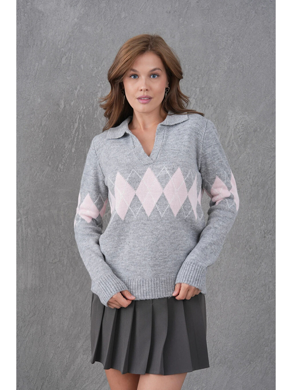 Gri Kadın Polo Yaka Desenli Yarım Pat Triko Kazak-4