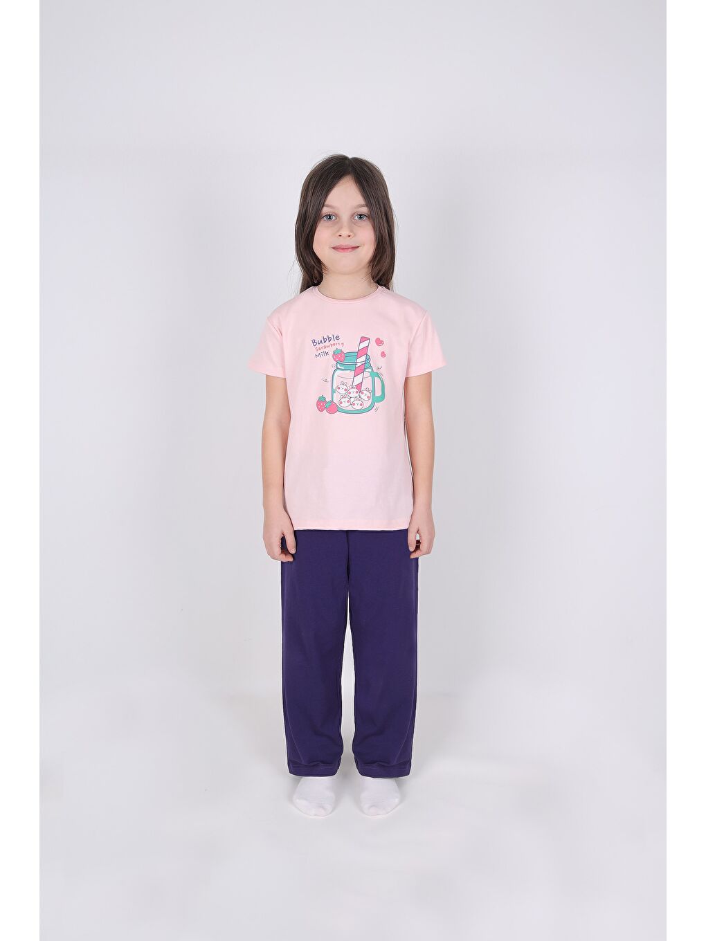 Pembe Kız Çocuk Pamuklu Kısa Kollu Baskılı Pijama Takımı-2