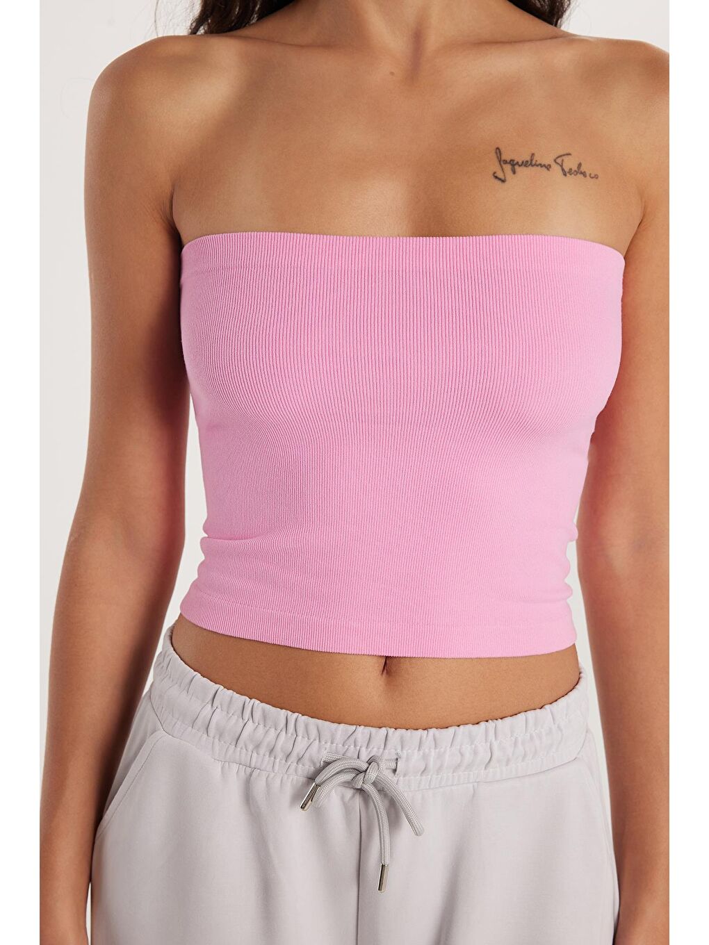 Kadın Slim Fit Pamuklu Straplez Düz Pembe Bluz-1