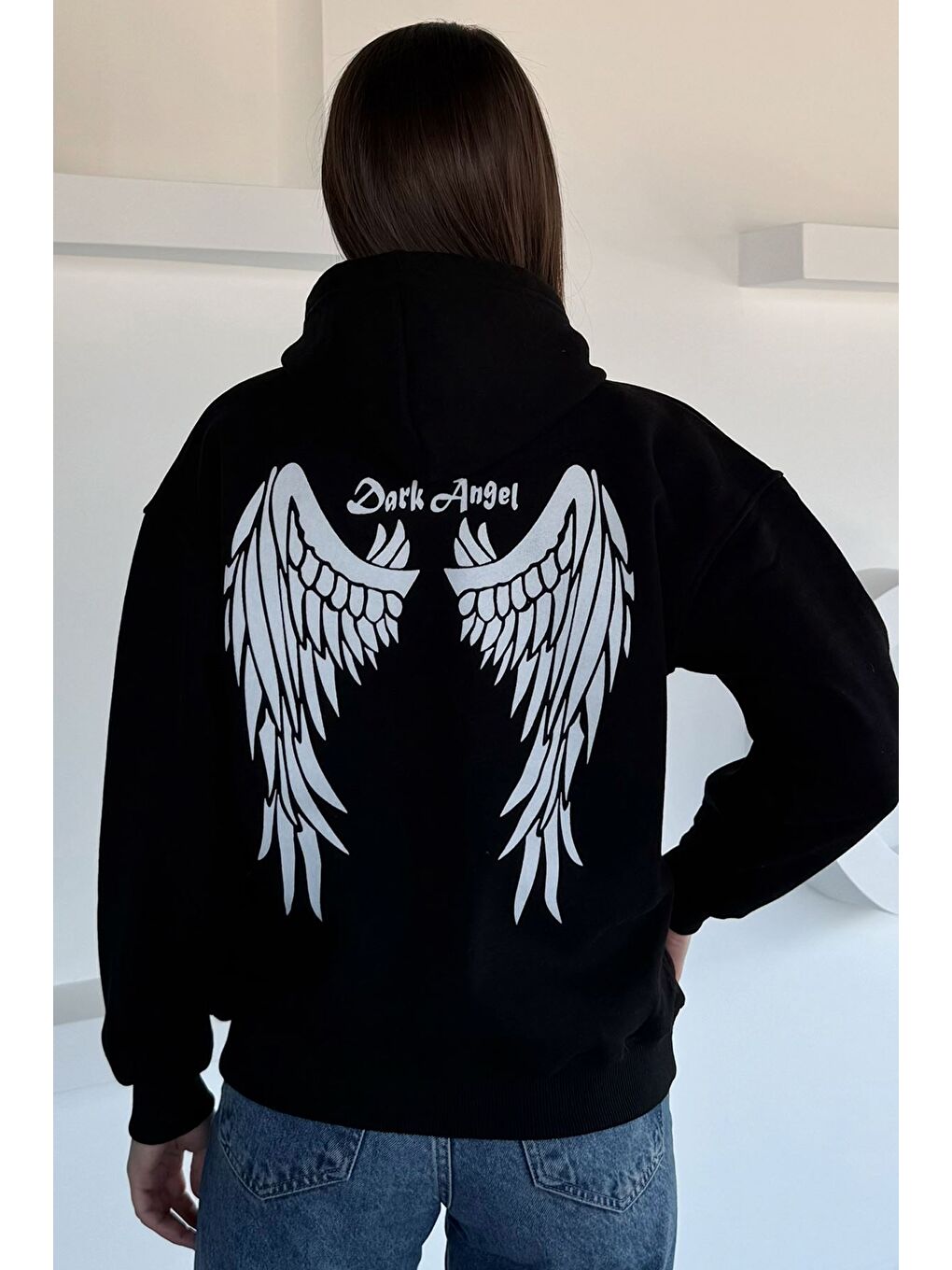 Siyah Kadın Kapüşonlu Kanguru Cepli Baskılı Üç İplik Şardonlu Sweatshirt-3