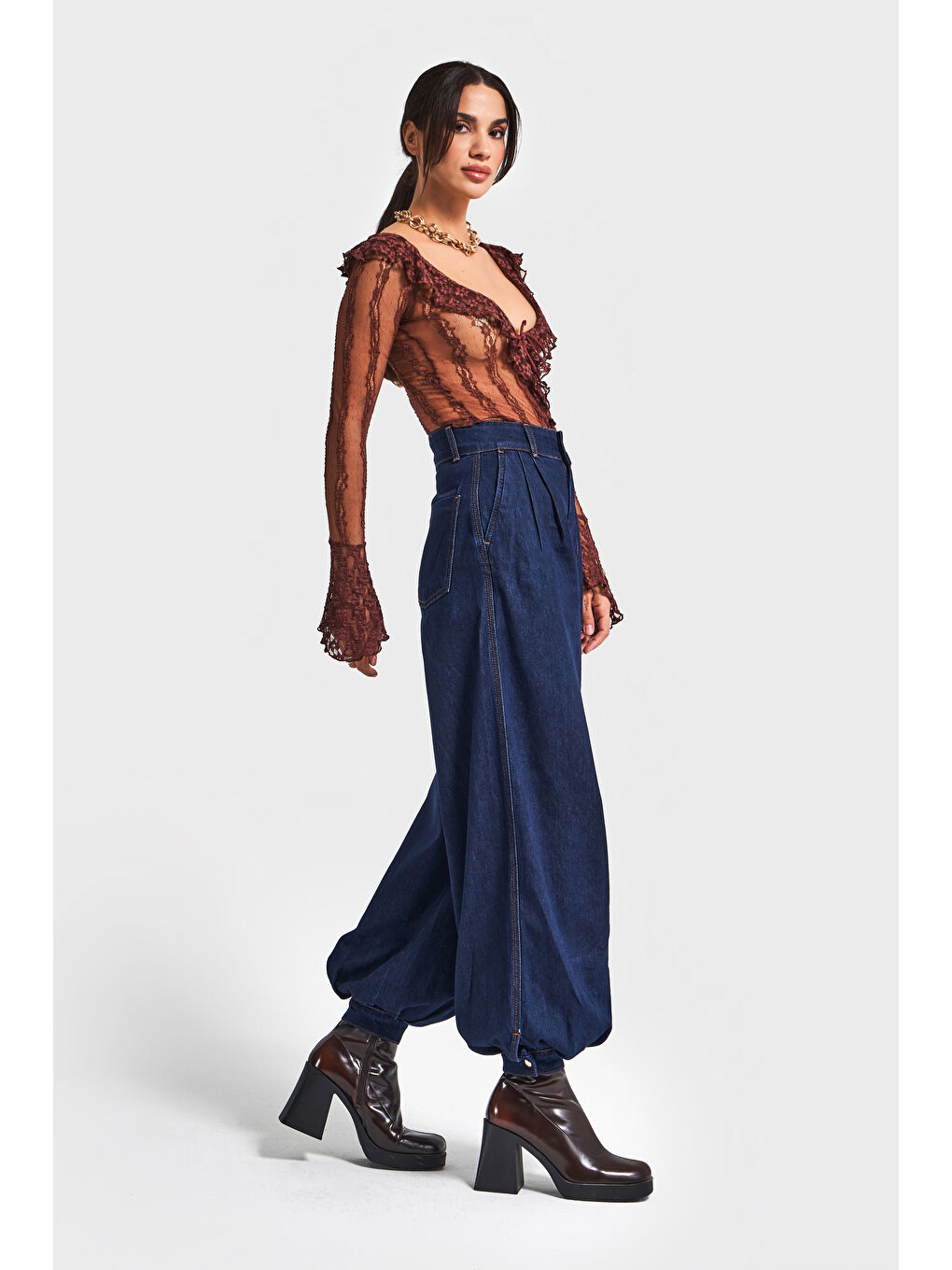 Kadın İndigo Renk 7w5-50 Wide Leg Baggy Fit Paça Detaylı Bol Kesim Tasarım Denim Jean-1