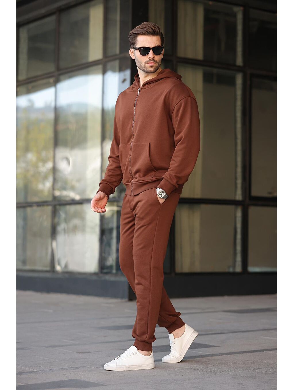 Acı Kahverengi Kap&#252;şonlu Fermuarlı Basic Erkek Eşofman Takımı E7331-1