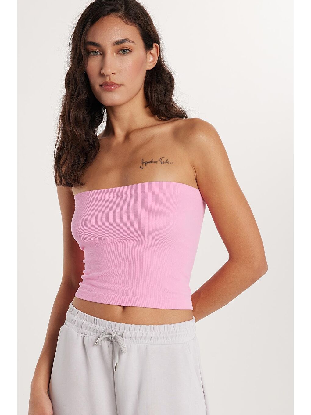 Kadın Slim Fit Pamuklu Straplez Düz Pembe Bluz-2