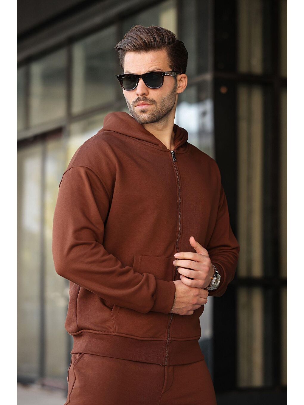 Acı Kahverengi Kap&#252;şonlu Fermuarlı Basic Erkek Eşofman Takımı E7331-2