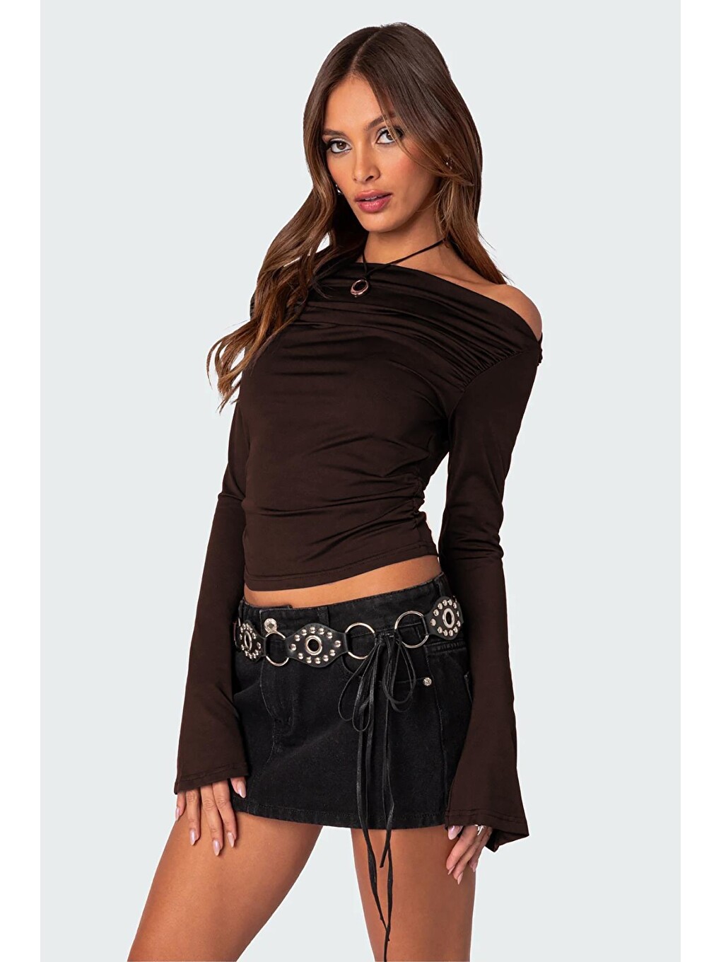 Kahverengi Kayık Yaka Kadın Bodysuit Mg2040-1