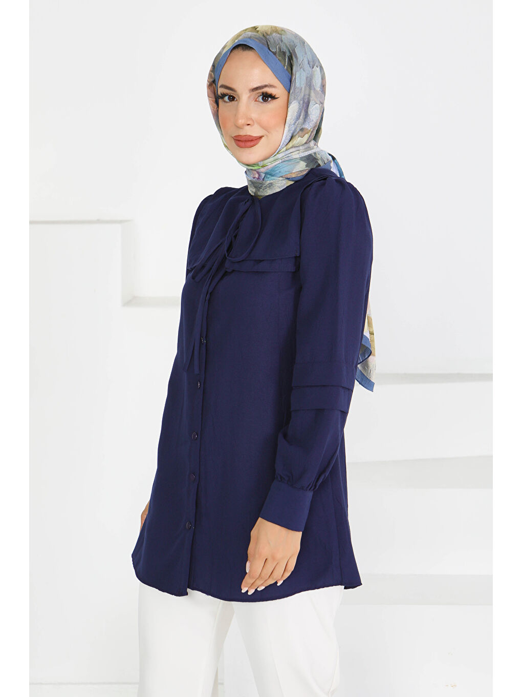Kare Yaka Detaylı Dokuma Tunik Lacivert - 27607-1