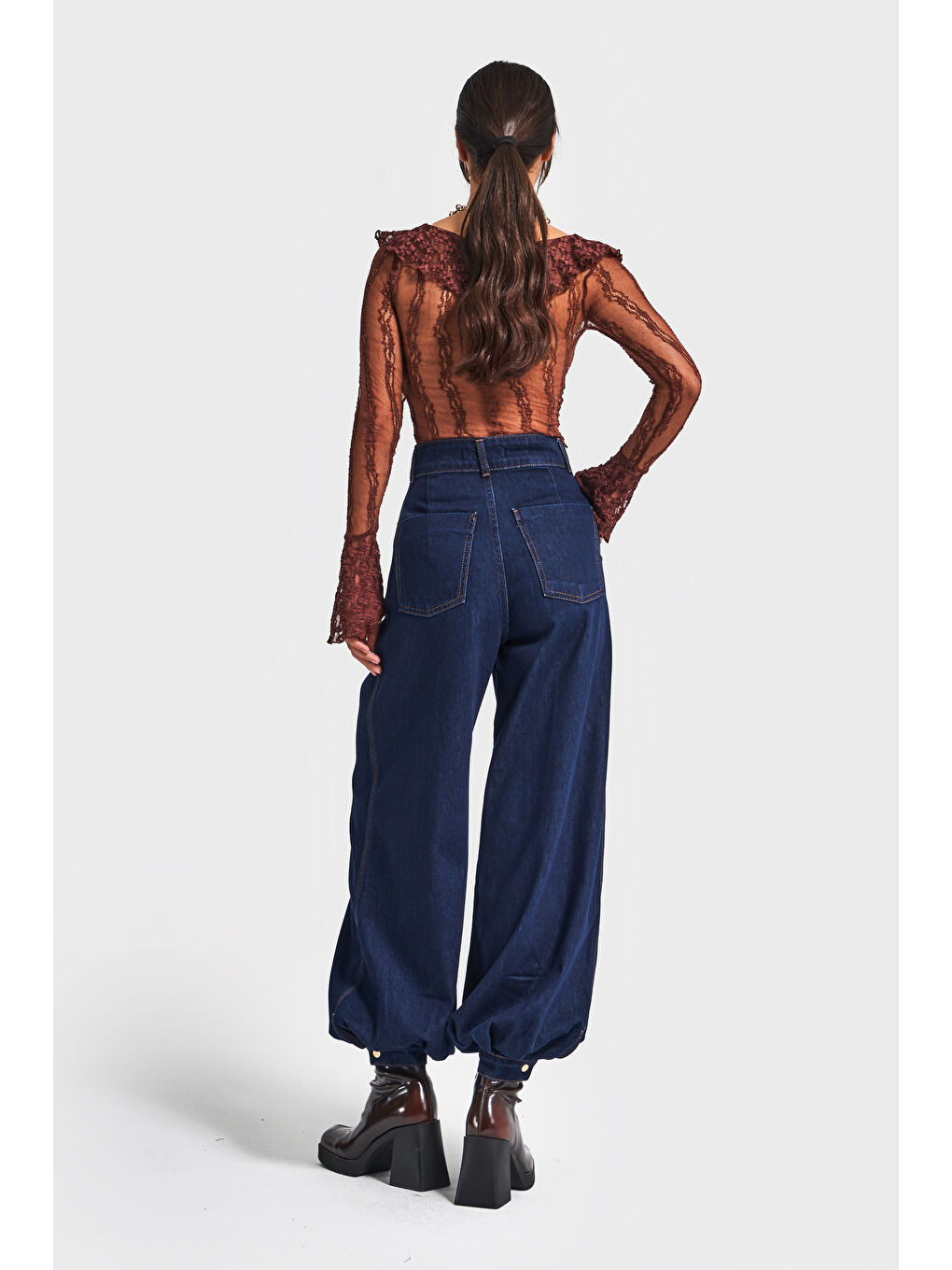 Kadın İndigo Renk 7w5-50 Wide Leg Baggy Fit Paça Detaylı Bol Kesim Tasarım Denim Jean-2