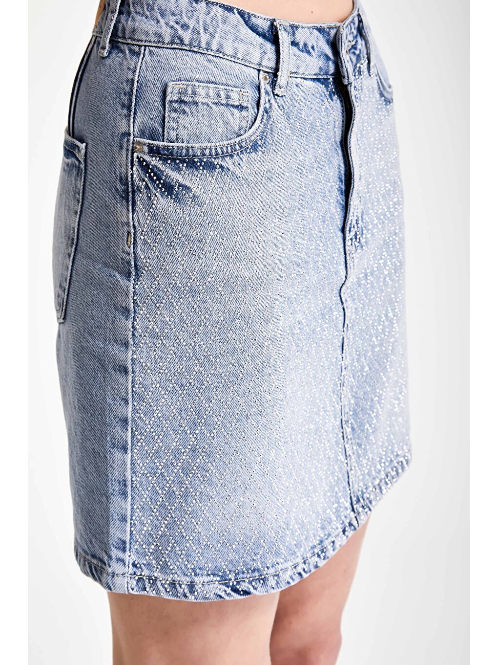 Mavi Kadın Jean Renk T4S5-67 Parlak Taşlı Tasarım Denim Etek-1