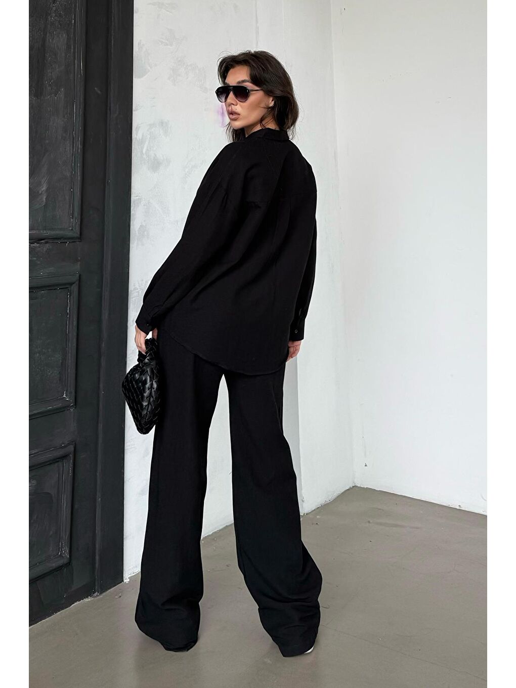 Siyah Keten Kadın Gömlek Pantolon İkili Takım Mg2356-1