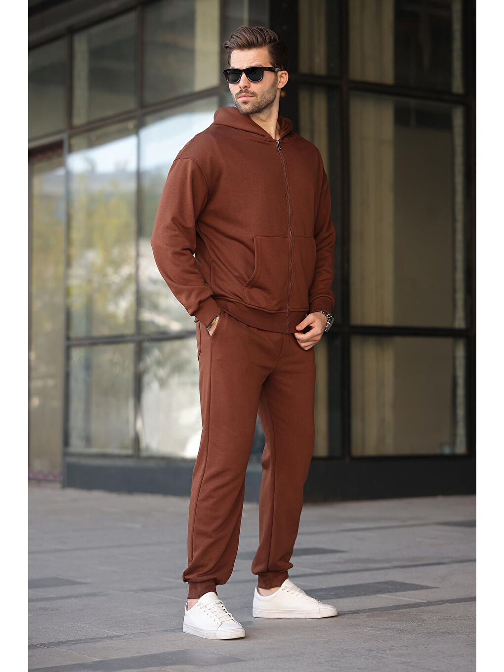 Acı Kahverengi Kap&#252;şonlu Fermuarlı Basic Erkek Eşofman Takımı E7331-3