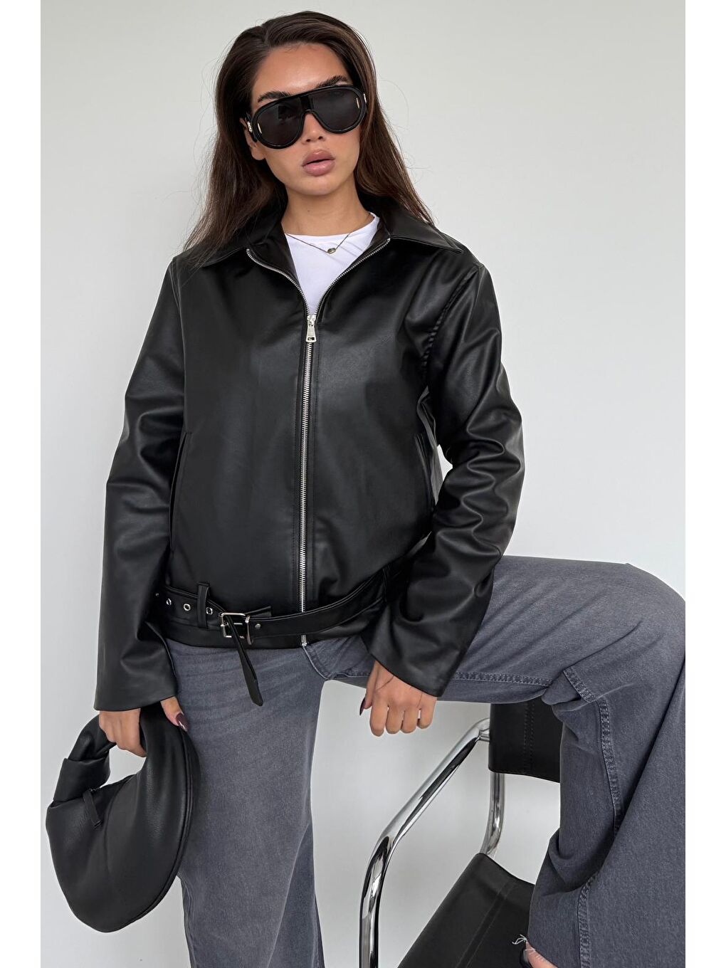 Siyah Kemerli Suni Deri Kadın Ceket Mg2548-4
