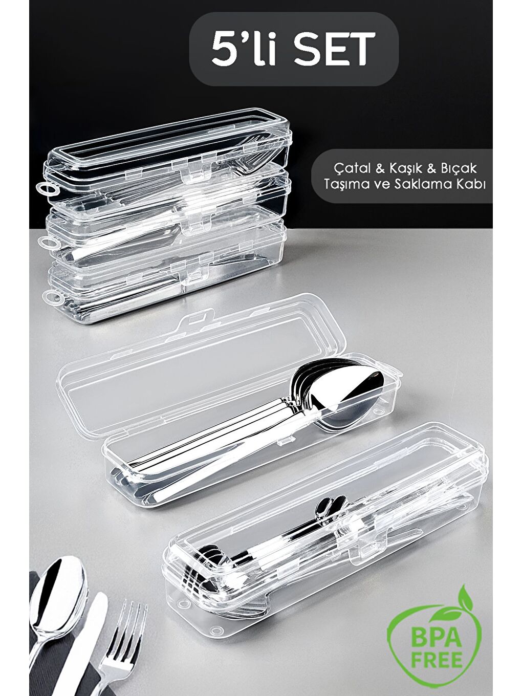 Renksiz 5'li Çatal Bıçak Kaşık Takımı Saklama Kutusu Seti