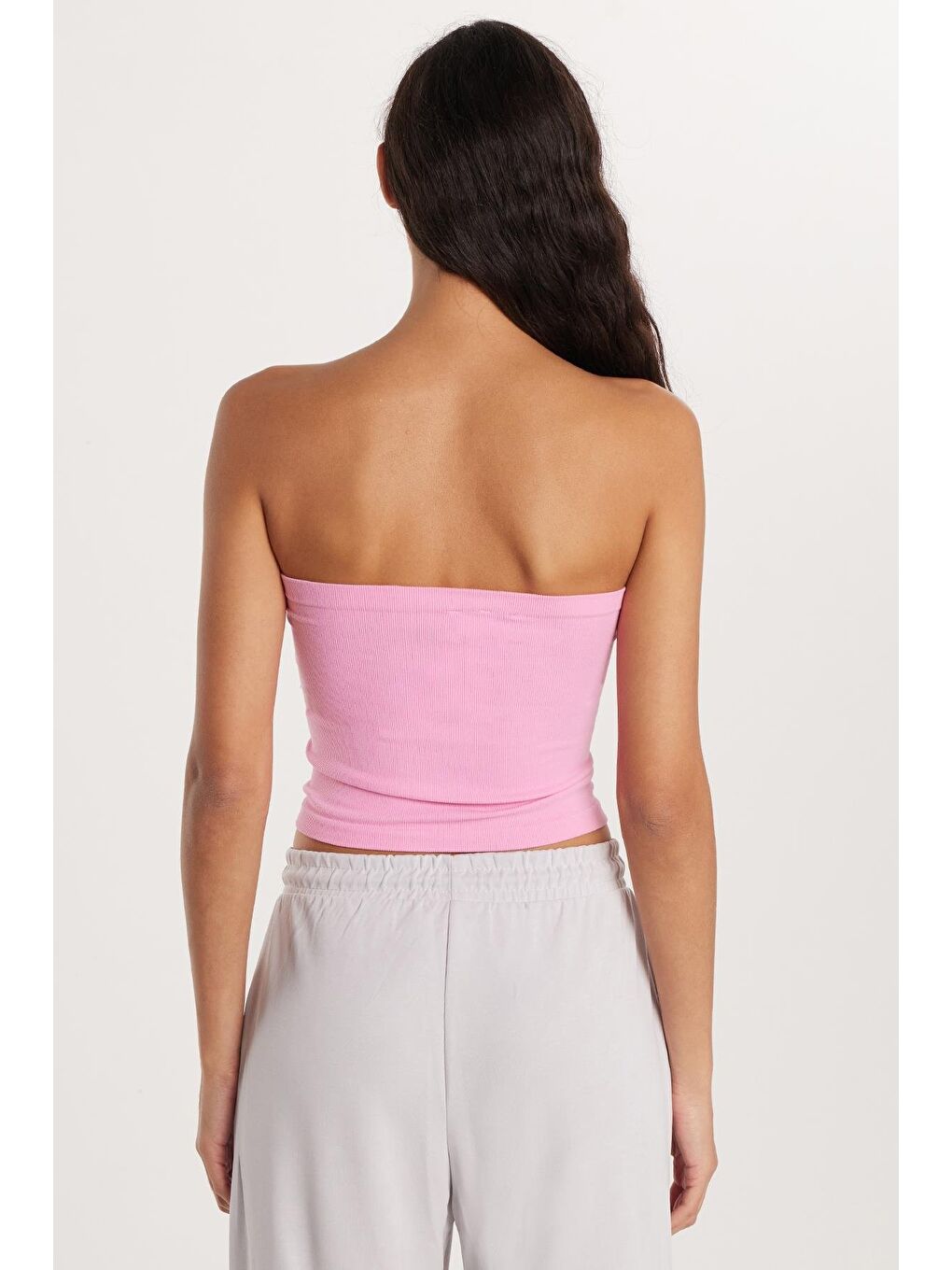 Kadın Slim Fit Pamuklu Straplez Düz Pembe Bluz-4