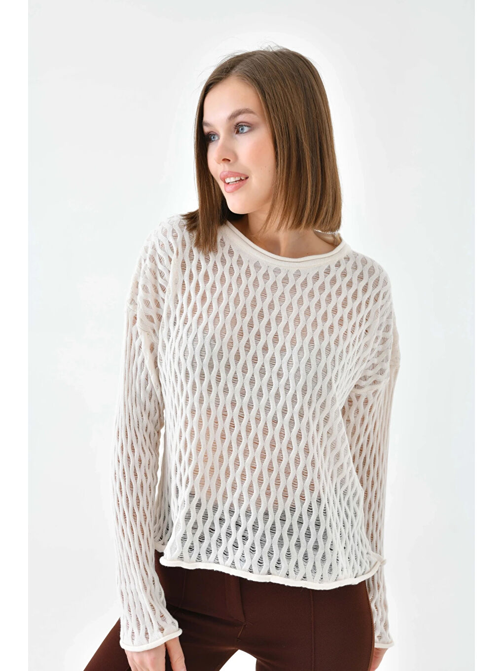 Ekru Kadın Bisiklet Yaka Örgü Detay Triko Kazak-1