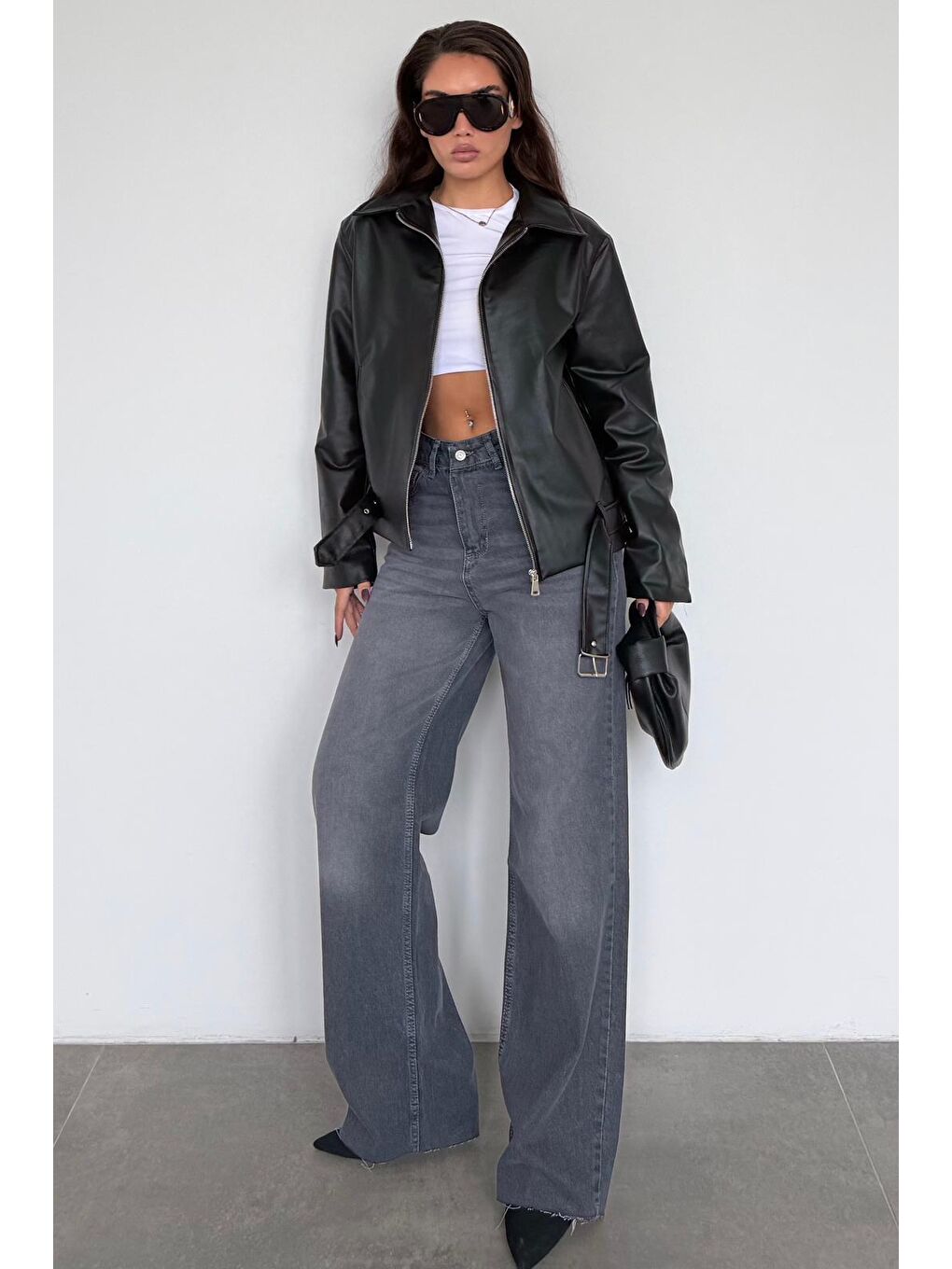 Siyah Kemerli Suni Deri Kadın Ceket Mg2548-5