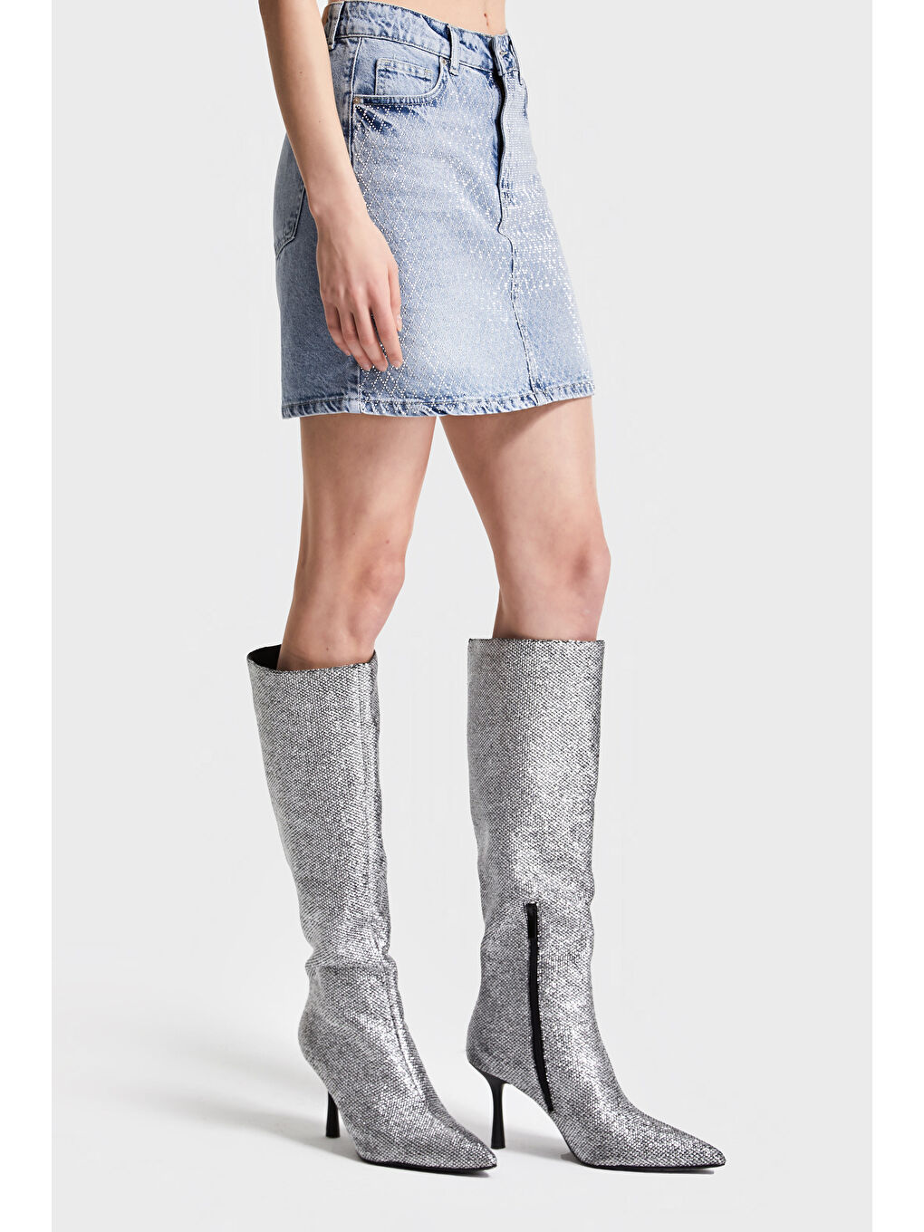 Mavi Kadın Jean Renk T4S5-67 Parlak Taşlı Tasarım Denim Etek-2