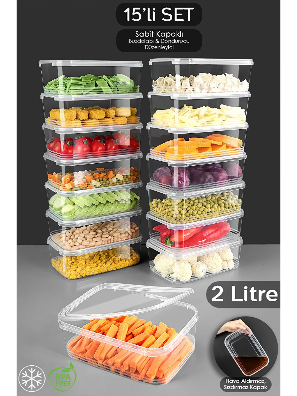 Renksiz 15 Adet Sızdırmaz Kendinden Kapaklı Derin Dondurucuya Uygun Saklama Kabı Düzenleyici Erzak Kabı 2 lt