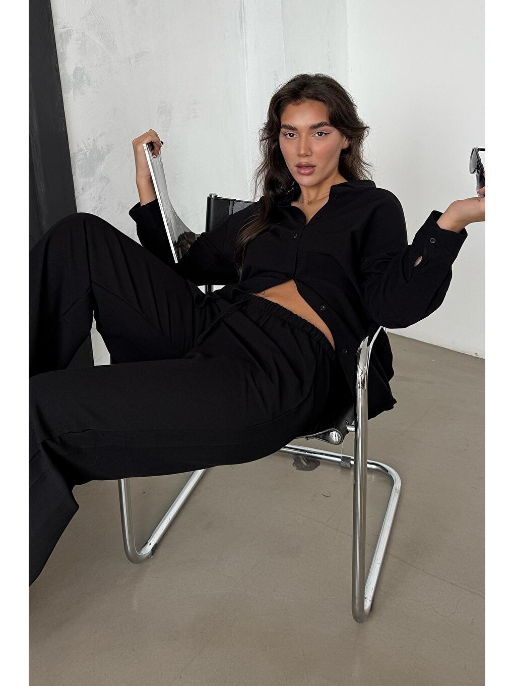 Siyah Keten Kadın Gömlek Pantolon İkili Takım Mg2356-2