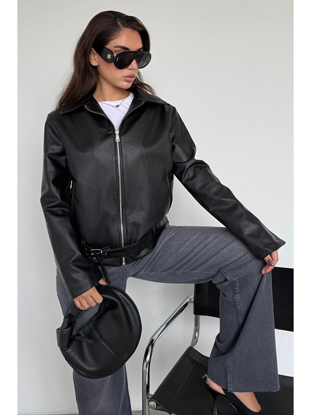 Siyah Kemerli Suni Deri Kadın Ceket Mg2548-6
