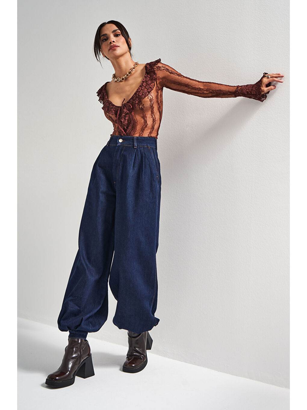 Kadın İndigo Renk 7w5-50 Wide Leg Baggy Fit Paça Detaylı Bol Kesim Tasarım Denim Jean-3