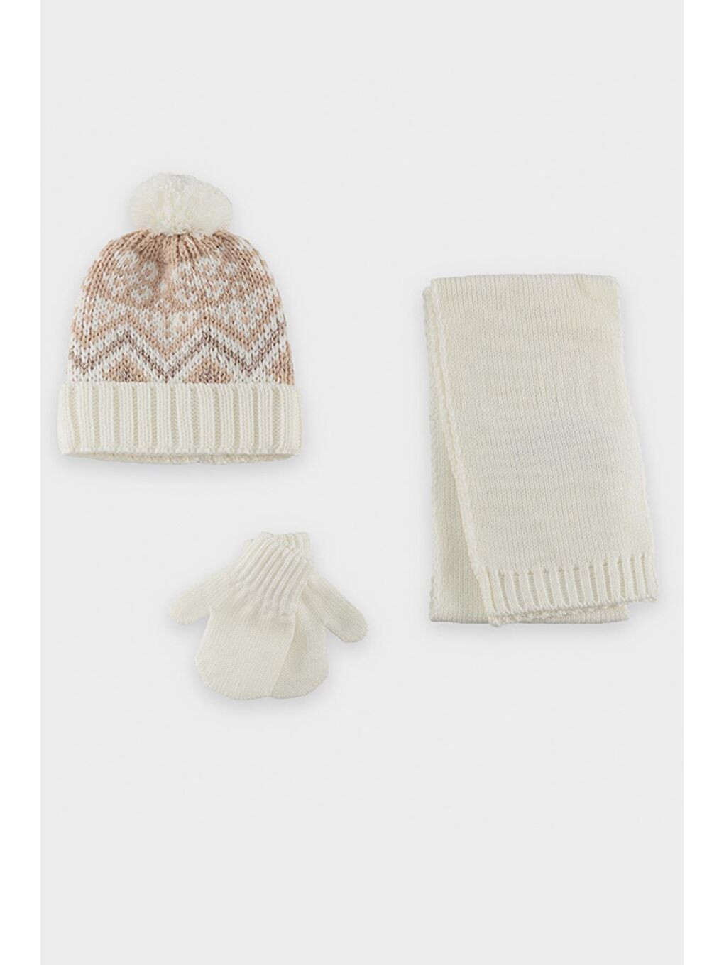 Ekru Kız Çocuk Atkı Bere Eldiven Set-1