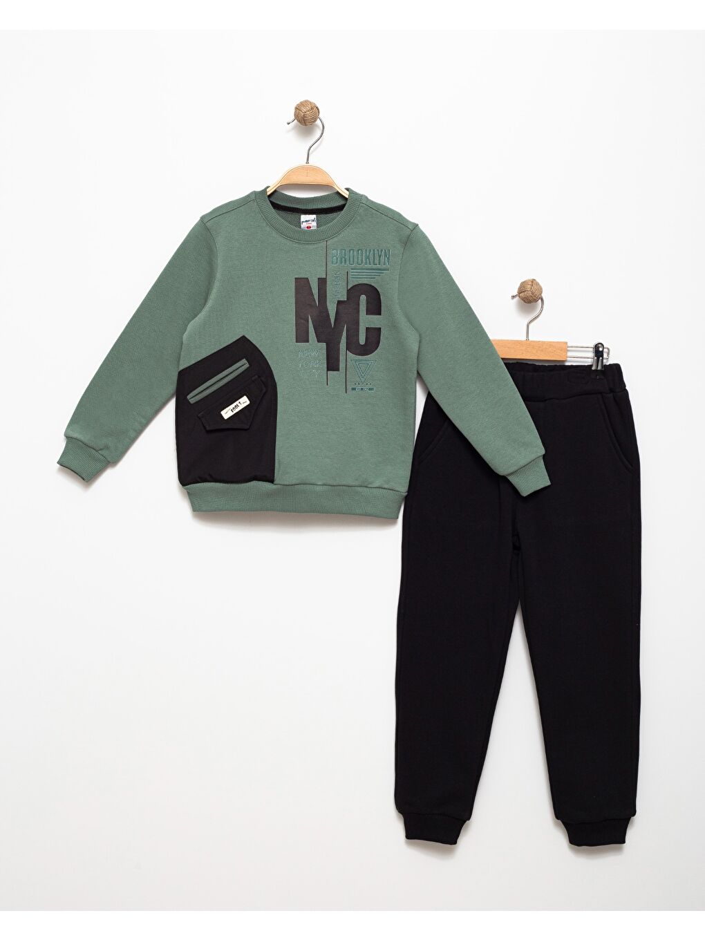 Yeşil Erkek Çocuk Cep Detaylı Baskılı Eşofman Takımı M00756