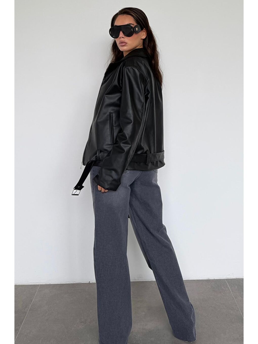 Siyah Kemerli Suni Deri Kadın Ceket Mg2548-7