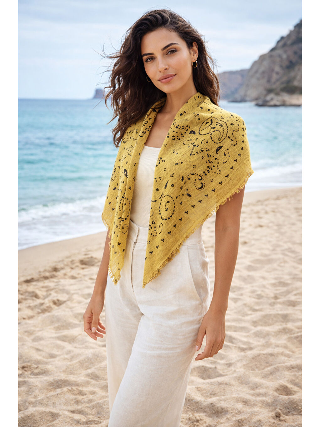 Sarı Kujten Desenli Pamuklu Şal SAL1401 SARI