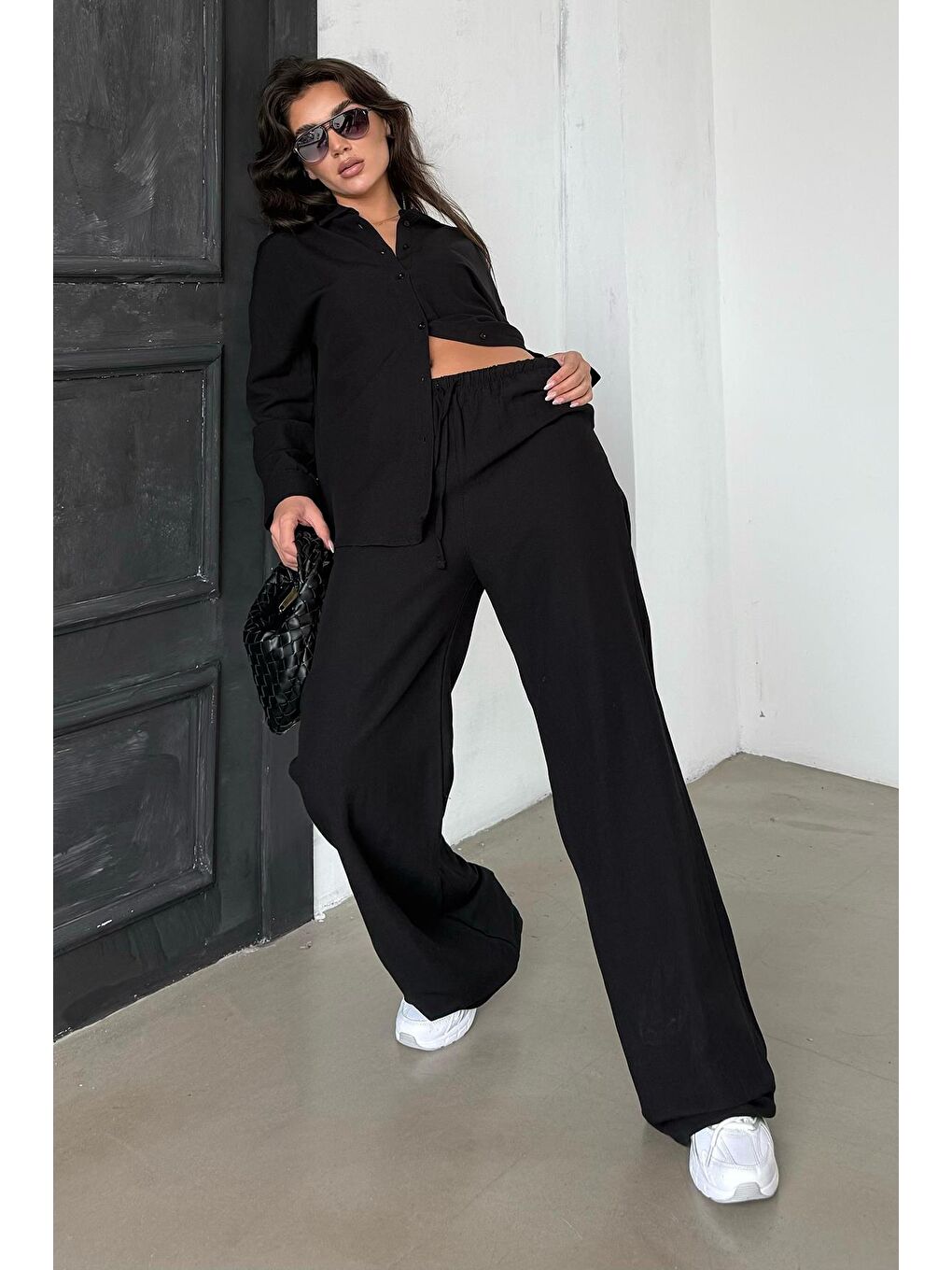Siyah Keten Kadın Gömlek Pantolon İkili Takım Mg2356-3