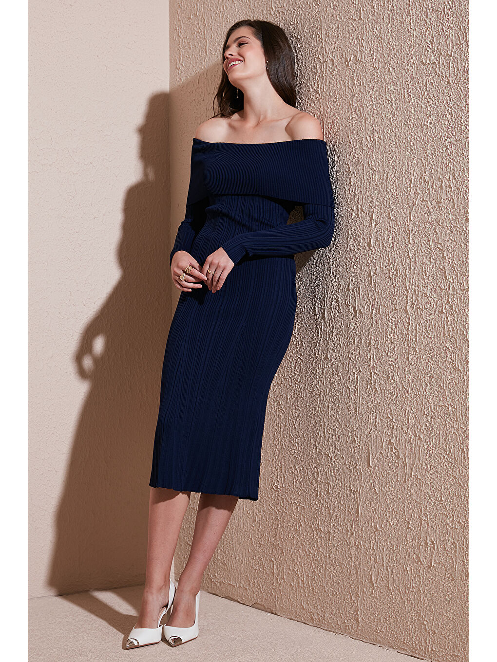 Lacivert Premium Fitilli Carmen Yaka Slim Fit Midi Boy Triko Elbise 680EL00033-1