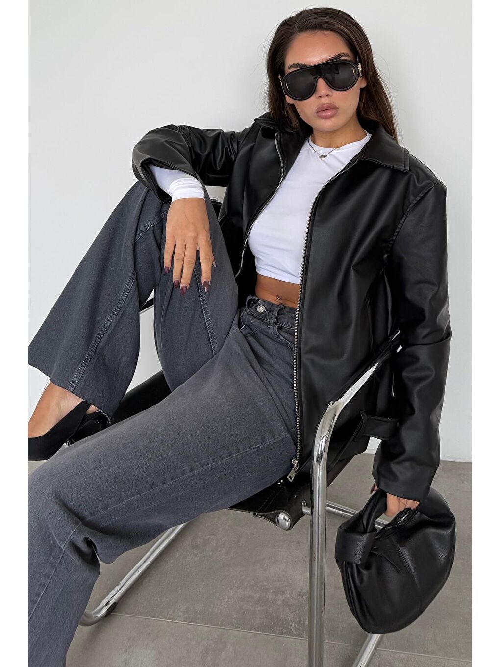 Siyah Kemerli Suni Deri Kadın Ceket Mg2548-9