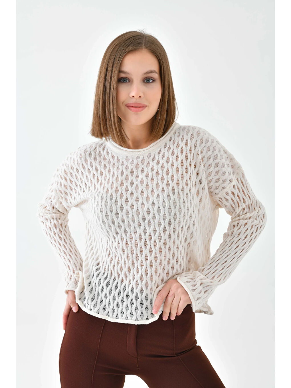 Ekru Kadın Bisiklet Yaka Örgü Detay Triko Kazak-2