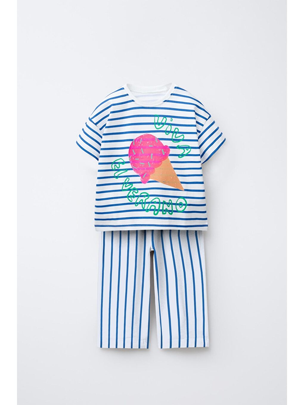 Mavi Kız Çocuk Pamuklu Çizgili Dondurma Baskılı Tişört Eşofman Takım