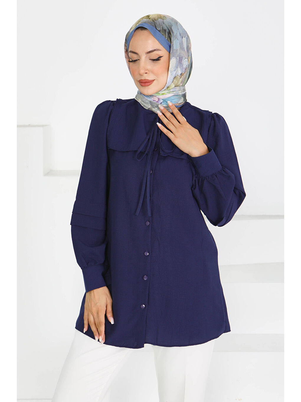 Kare Yaka Detaylı Dokuma Tunik Lacivert - 27607-2
