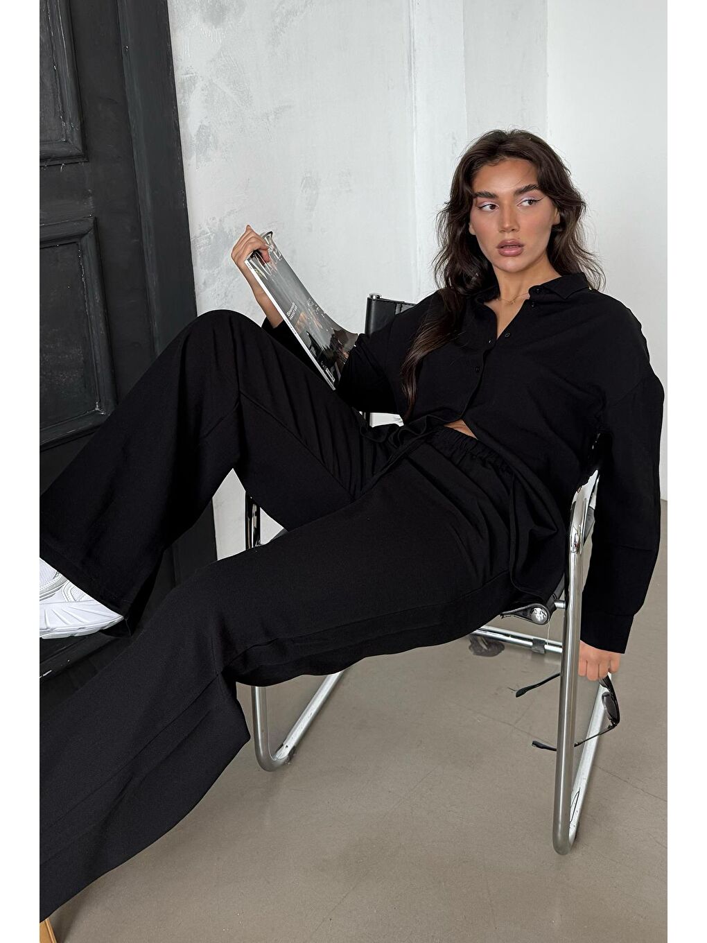 Siyah Keten Kadın Gömlek Pantolon İkili Takım Mg2356-4