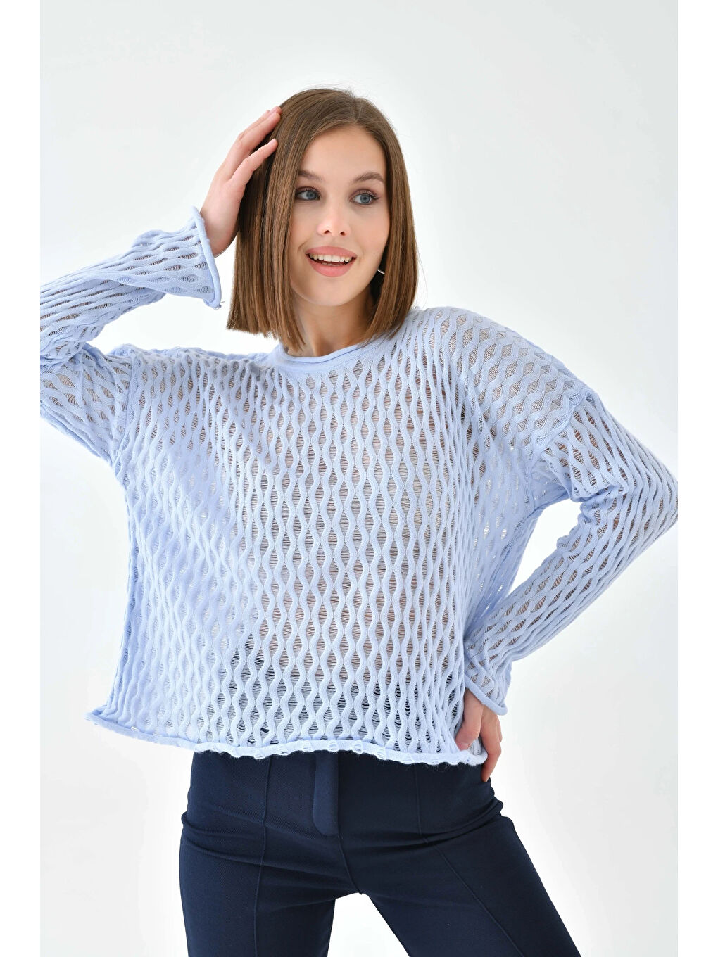 Mavi Kadın Bisiklet Yaka Örgü Detay Triko Kazak-4