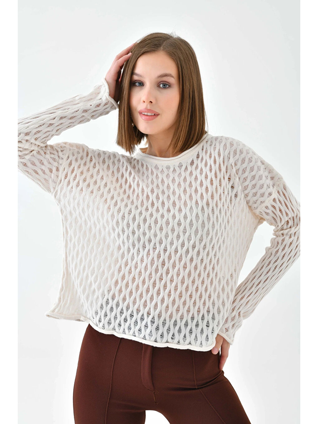 Ekru Kadın Bisiklet Yaka Örgü Detay Triko Kazak-3
