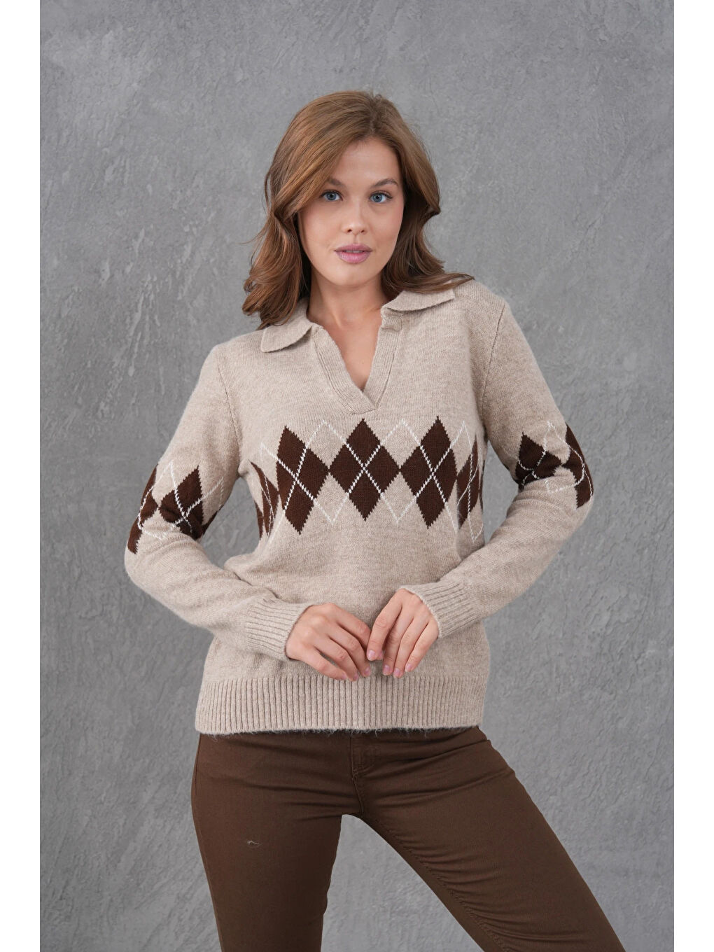 Bej Kadın Polo Yaka Desenli Yarım Pat Triko Kazak-1
