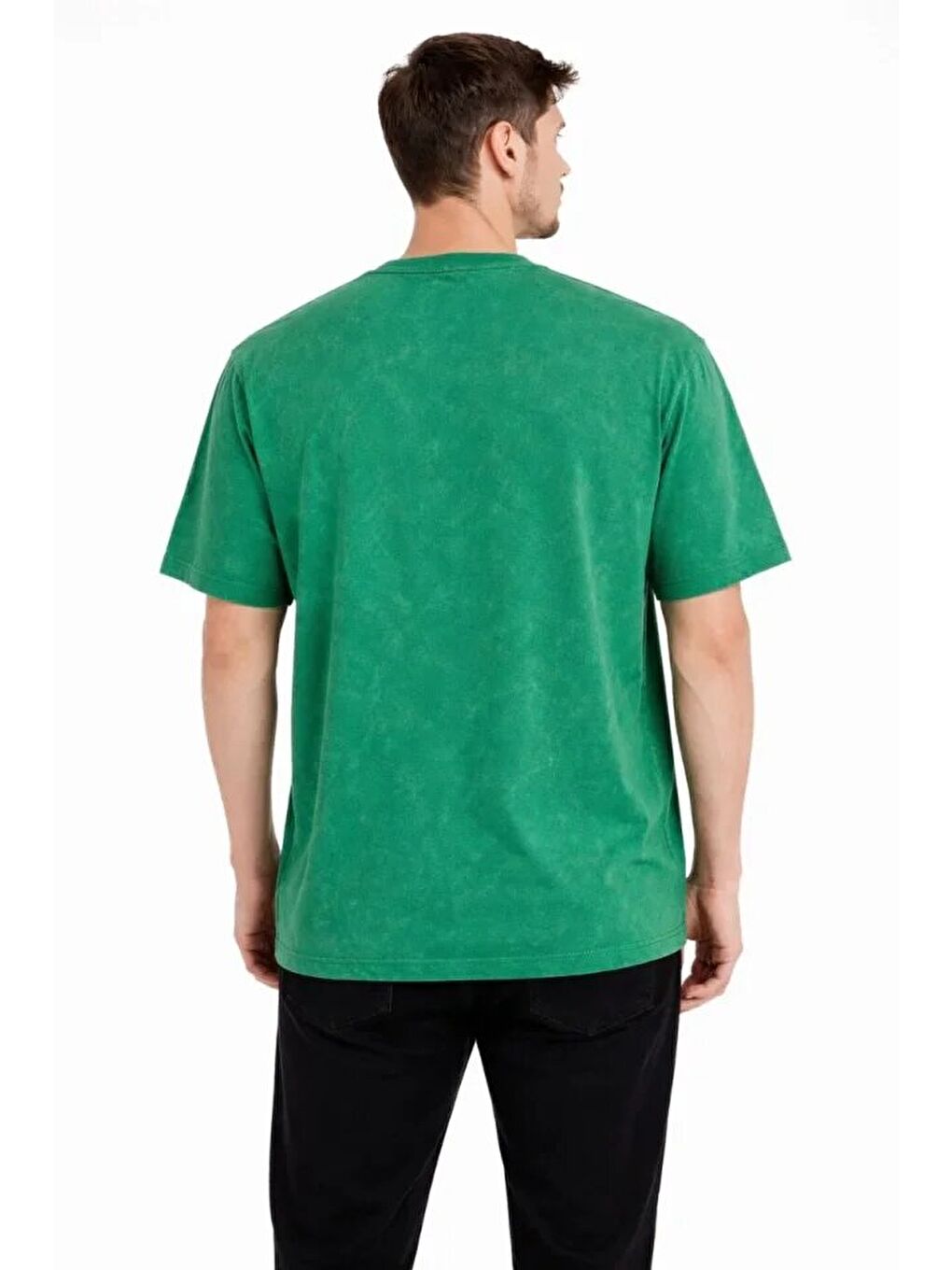 Erkek Asit Yıkama Bisiklet Yaka Kısa Kollu Oversize T-Shirt Tişört - Yeşil-1