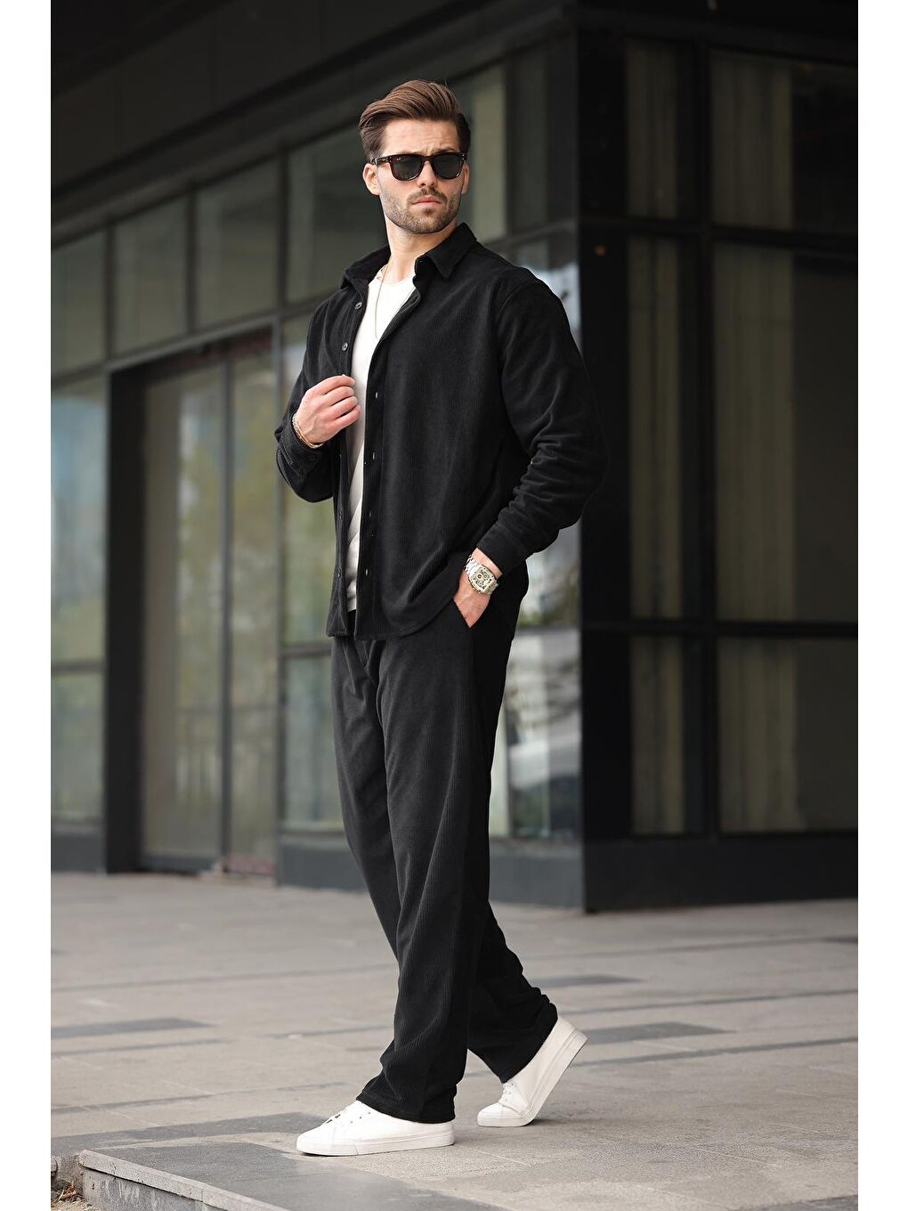 Siyah Kadife Erkek Gömlek Pantolon Takım E7334-2