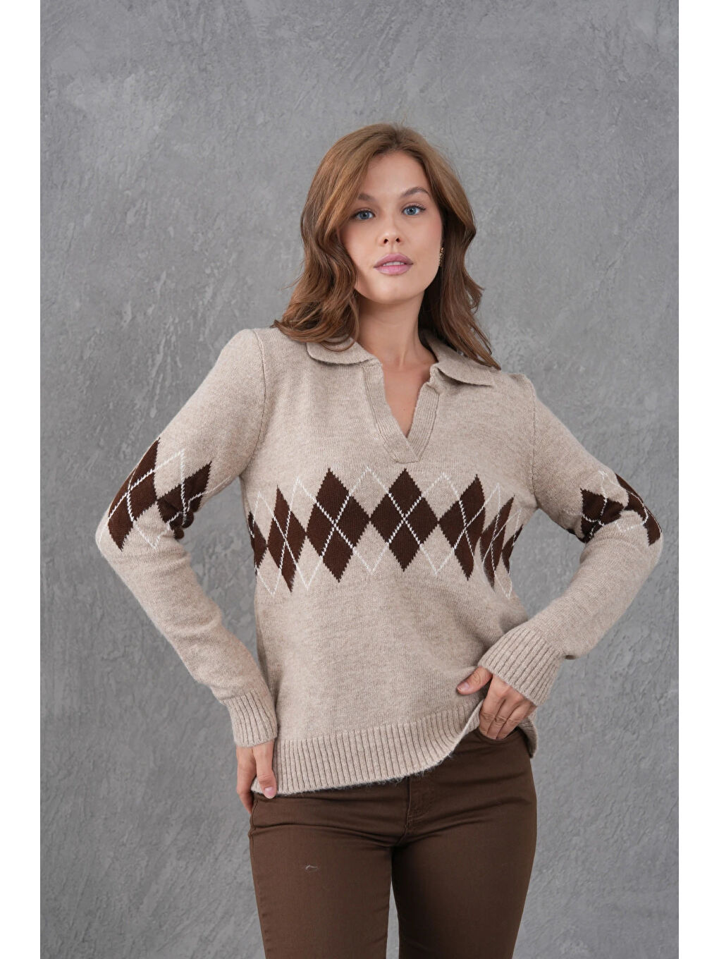 Bej Kadın Polo Yaka Desenli Yarım Pat Triko Kazak-2