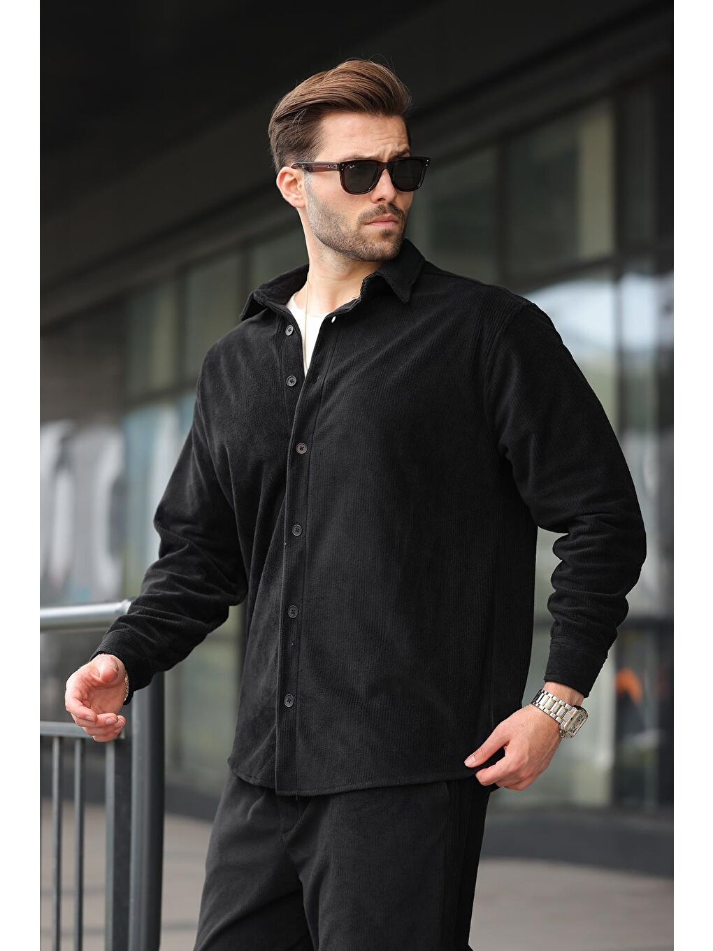 Siyah Kadife Erkek Gömlek Pantolon Takım E7334-3