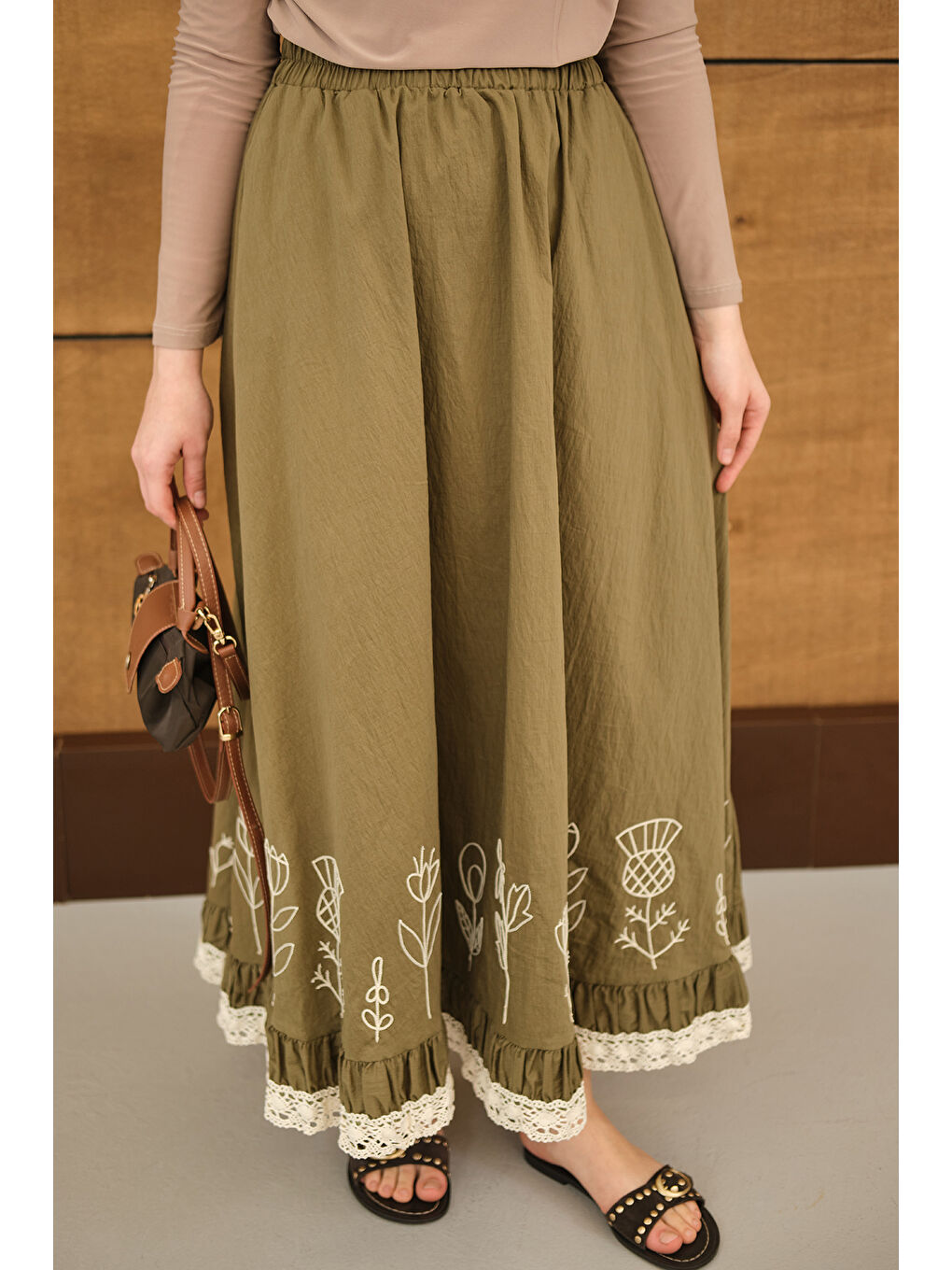 Kadın Dantel Ve Çiçek Nakışlı Etek Küf Yeşil-2