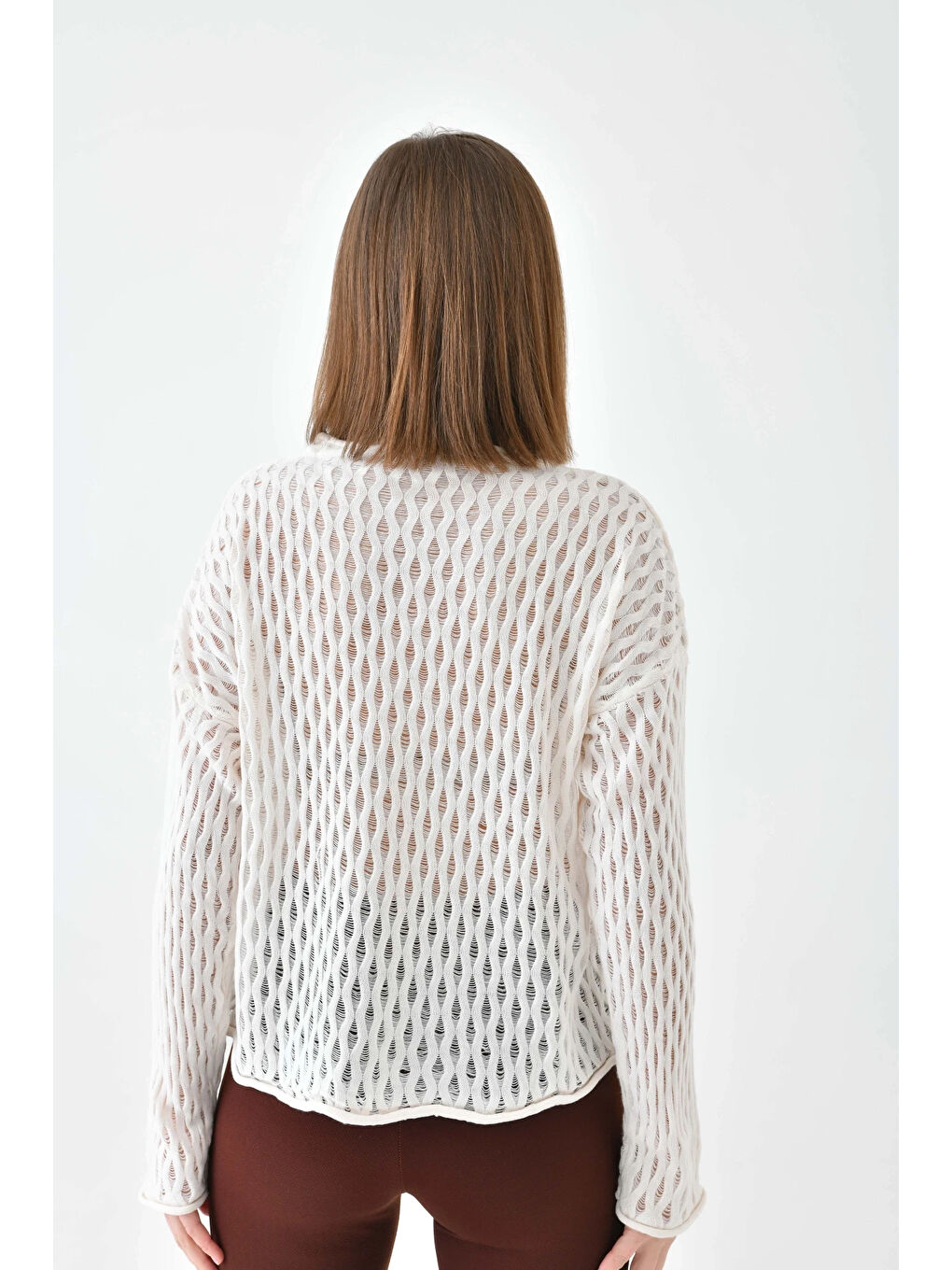 Ekru Kadın Bisiklet Yaka Örgü Detay Triko Kazak-4