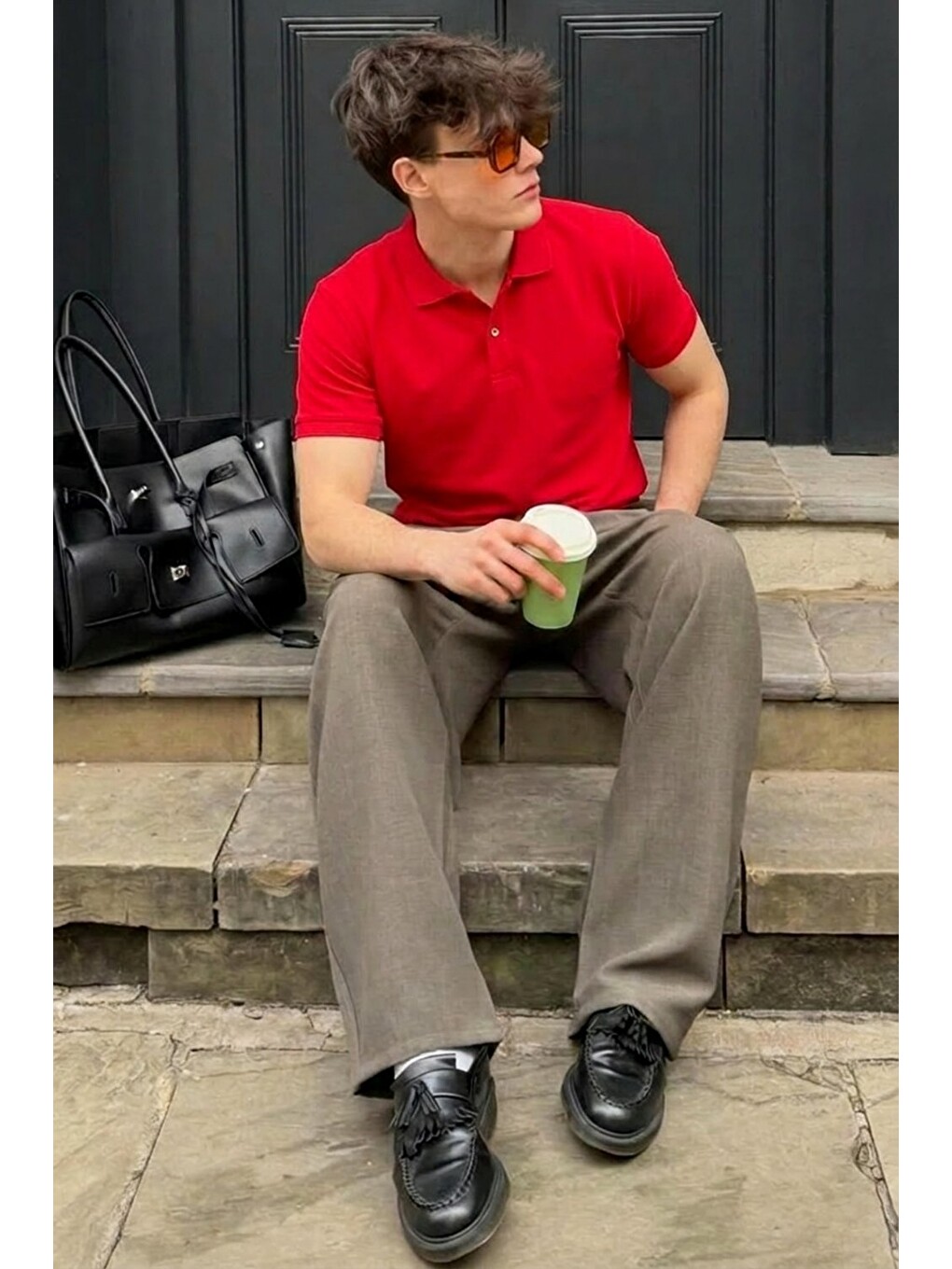 Erkek Pamuklu Fashion Kırmızı Polo Yaka Tişört-3