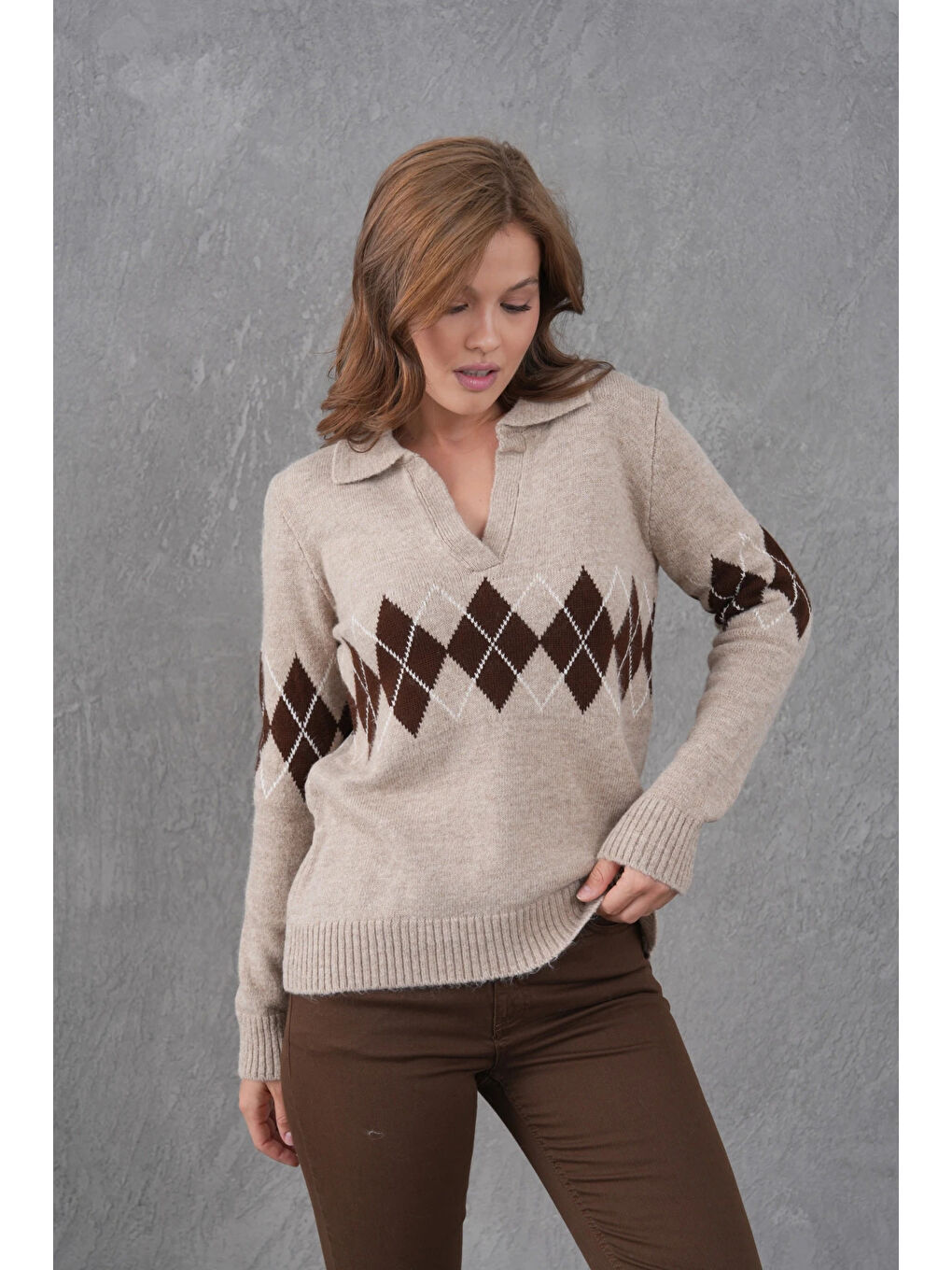 Bej Kadın Polo Yaka Desenli Yarım Pat Triko Kazak-3