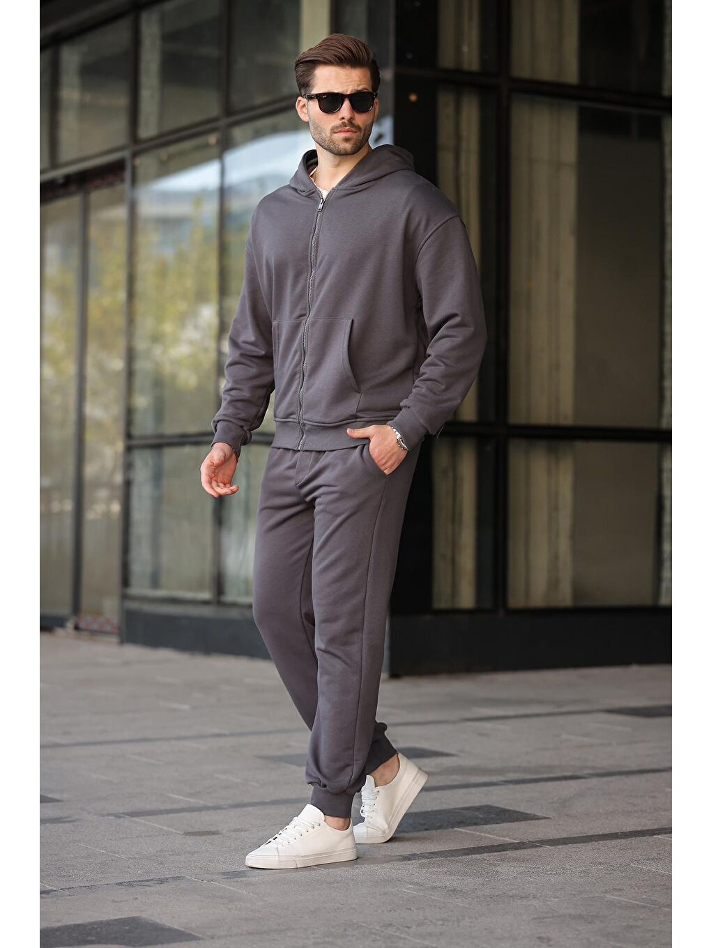 Gri Füme Kapüşonlu Fermuarlı Basic Erkek Eşofman Takımı E7331-1