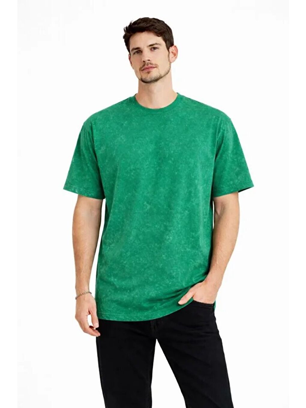 Erkek Asit Yıkama Bisiklet Yaka Kısa Kollu Oversize T-Shirt Tişört - Yeşil-2