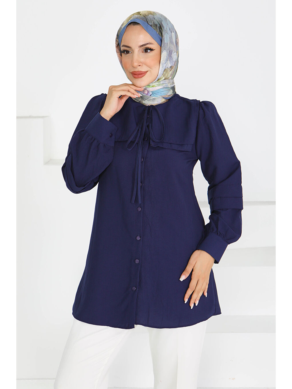 Kare Yaka Detaylı Dokuma Tunik Lacivert - 27607-3