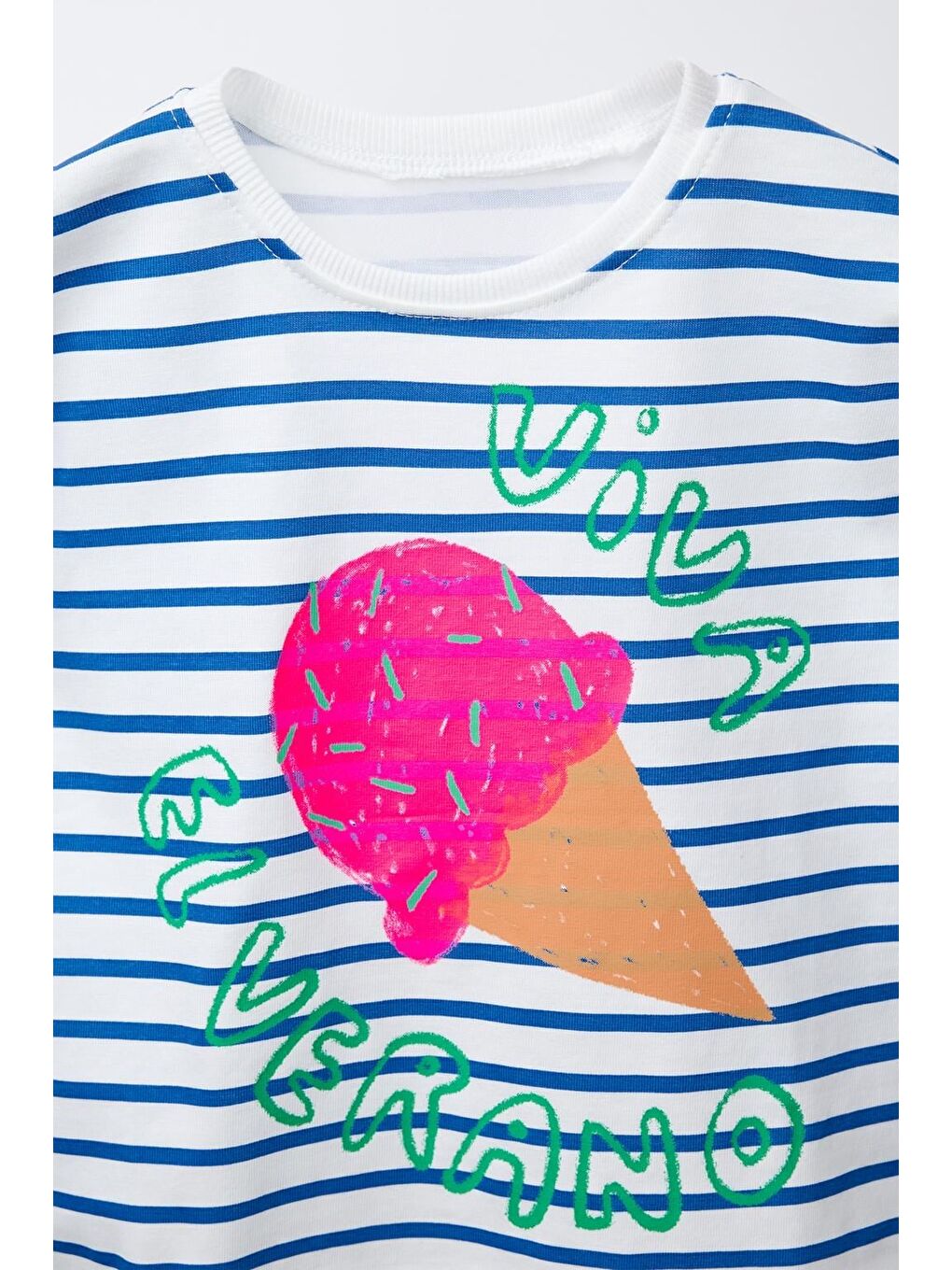 Mavi Kız Çocuk Pamuklu Çizgili Dondurma Baskılı Tişört Eşofman Takım-3